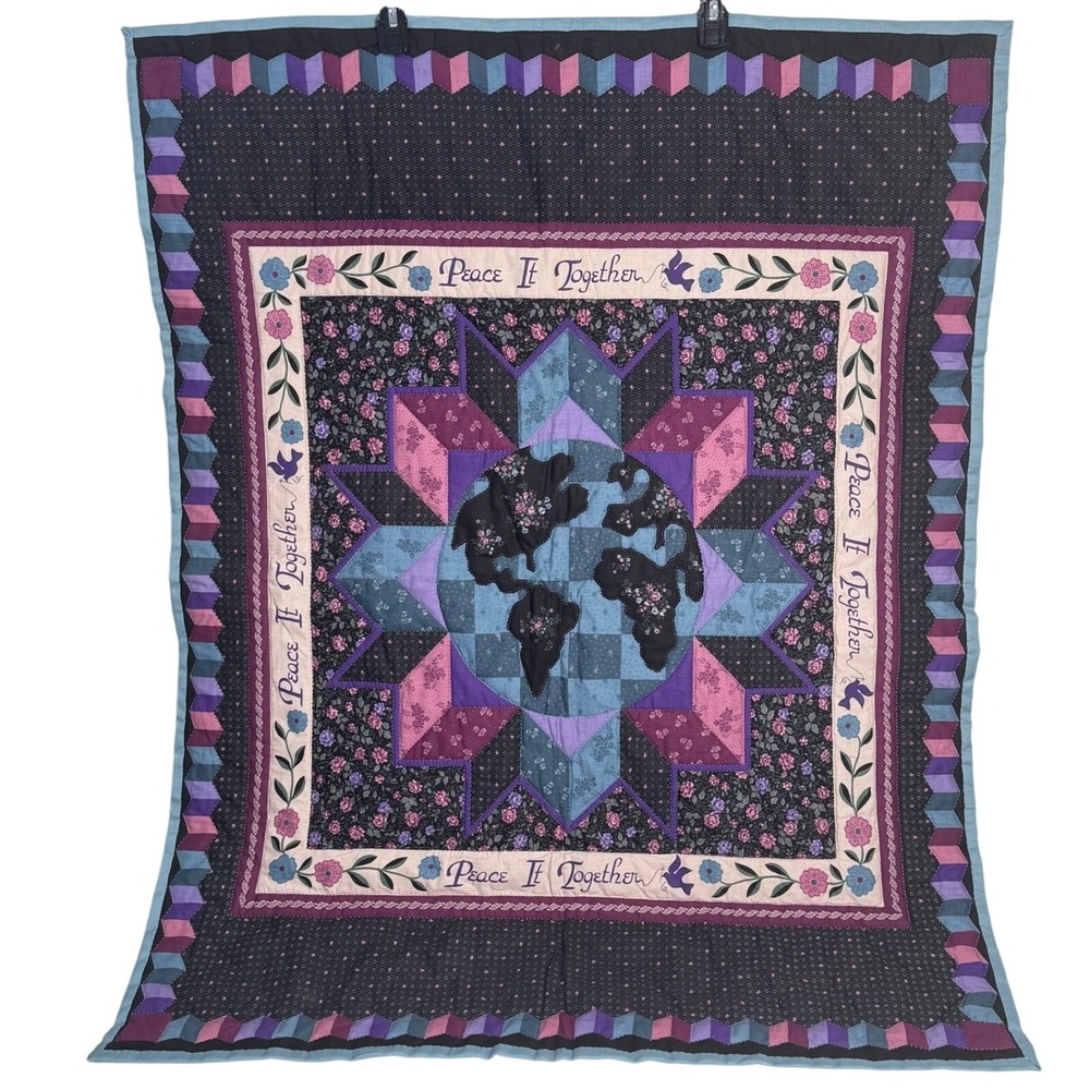 Handmade Peace It Together Quilt Wall Hanging World Globe Star Floral 35x47 Folk